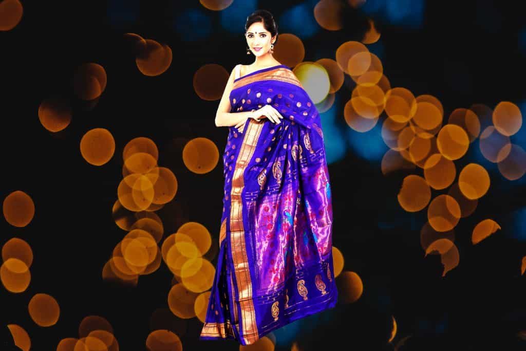 blue saree with golden yellow border