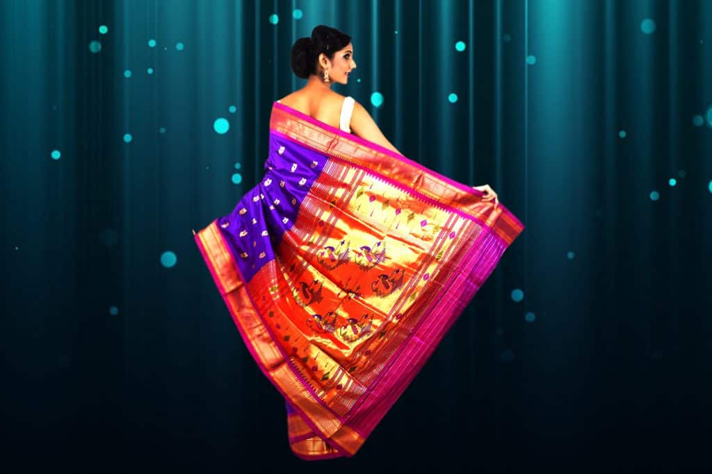 multi color saree with blue, pink and gold