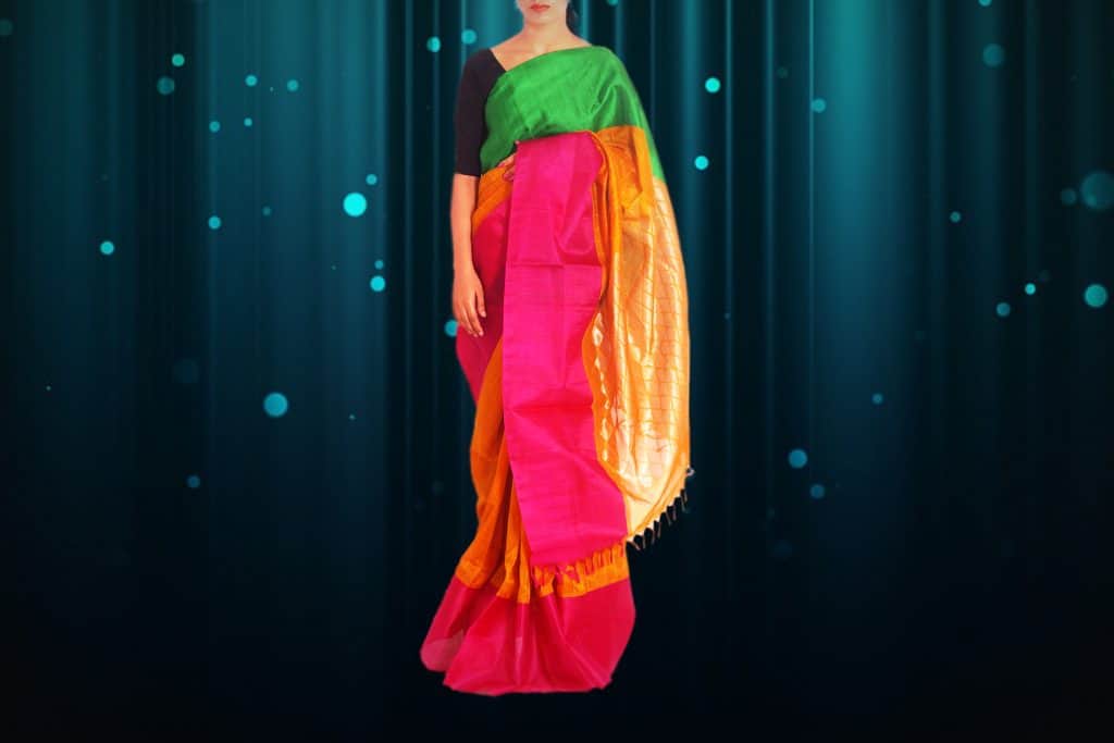 multi color saree with pink, green and orange