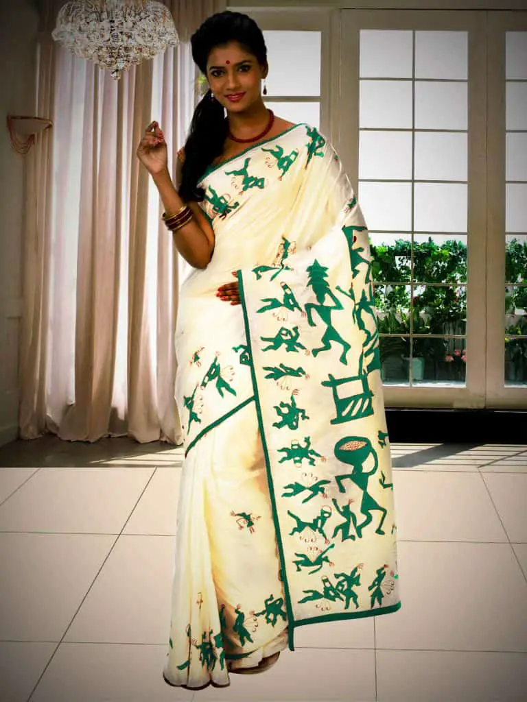 off white saree with sea green border