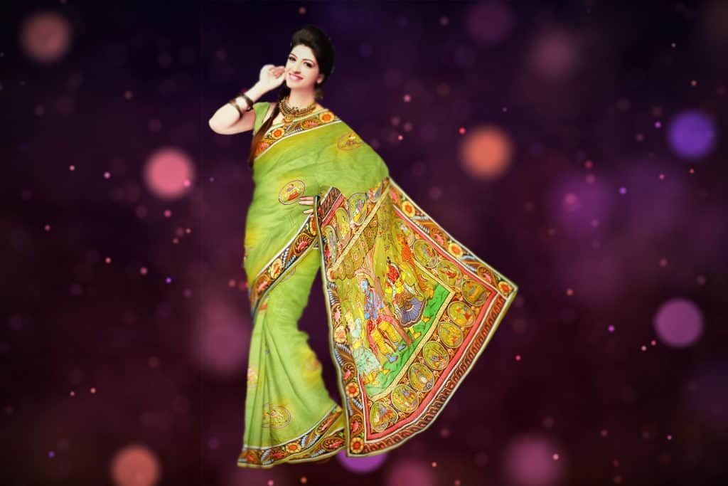 olive geen color saree with orange blend