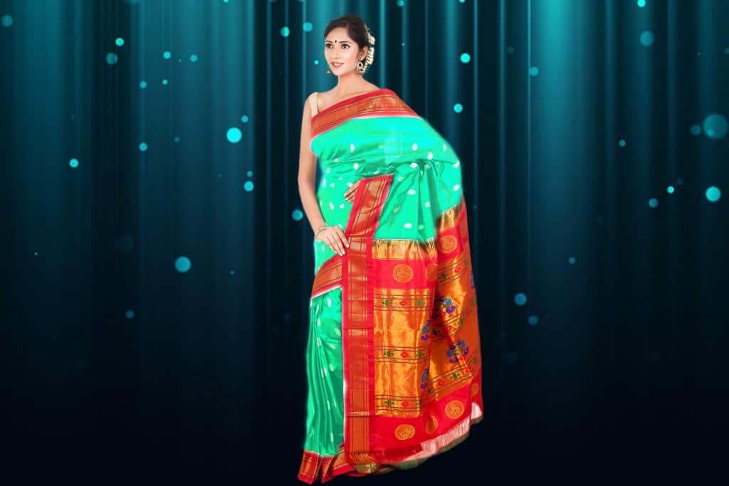 sea green saree with red border