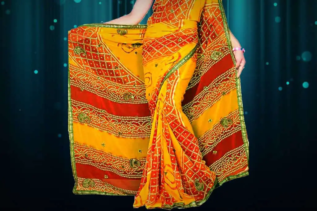 yellow saree with maroon and green touch