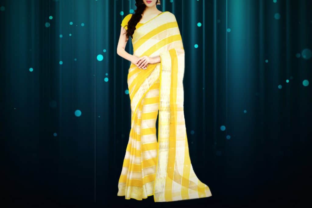 yellow saree with white stripe